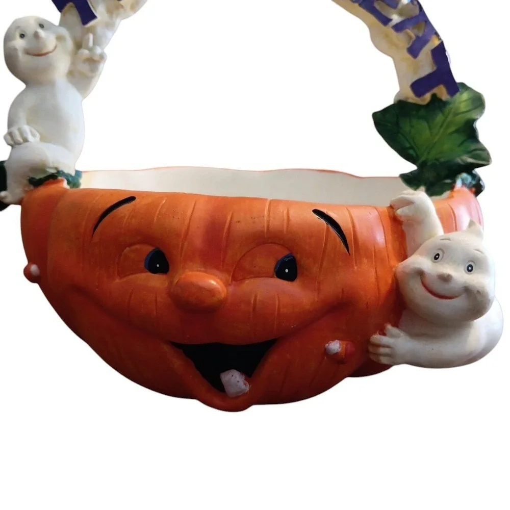Trick Treat Halloween Jack-O-Lantern Pumpkin Ghosts Candy Dish Basket Vtg 6.5